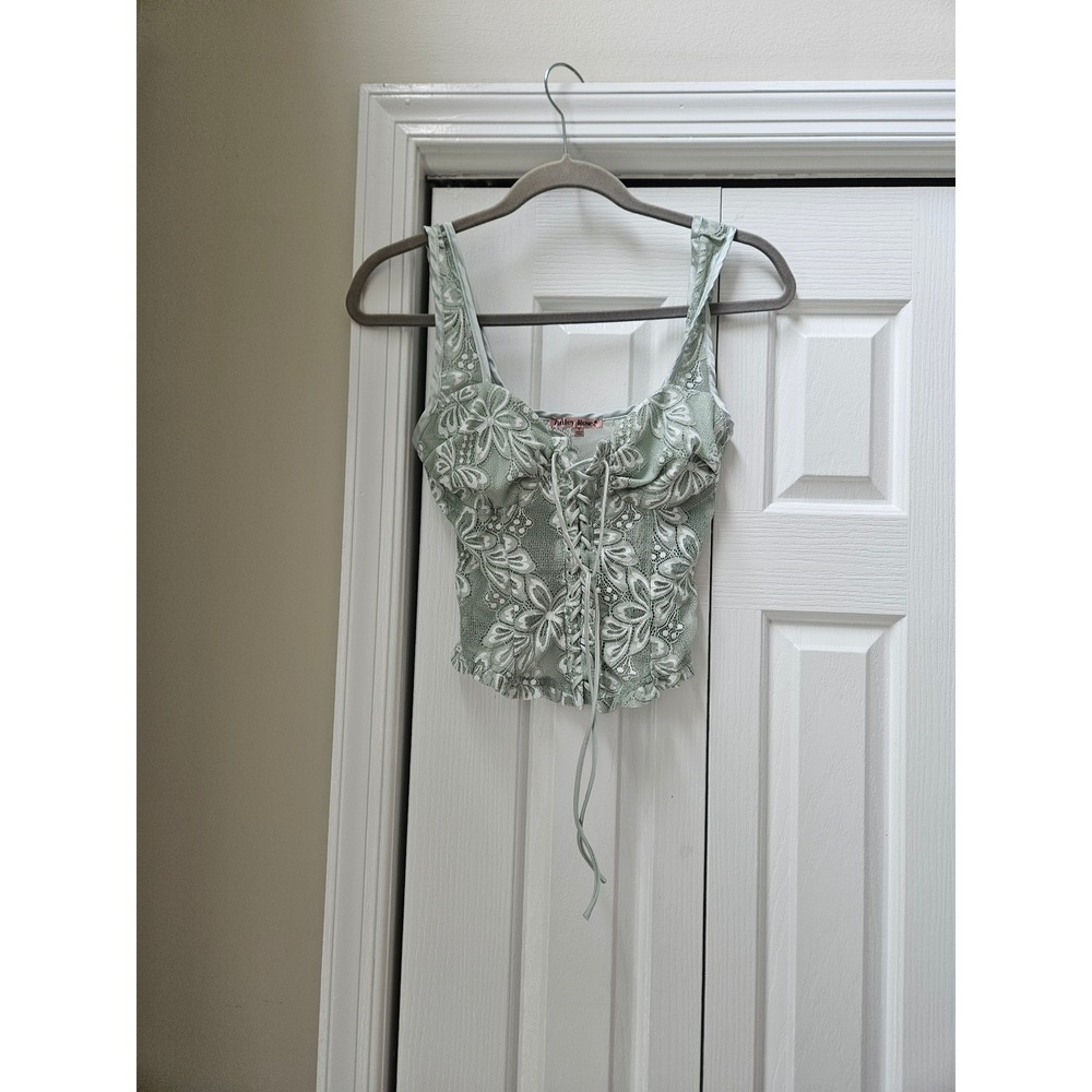 Bailey Rose Mint Green Floral Lace Up Front Cami Crop Top Small Sage Coquette
